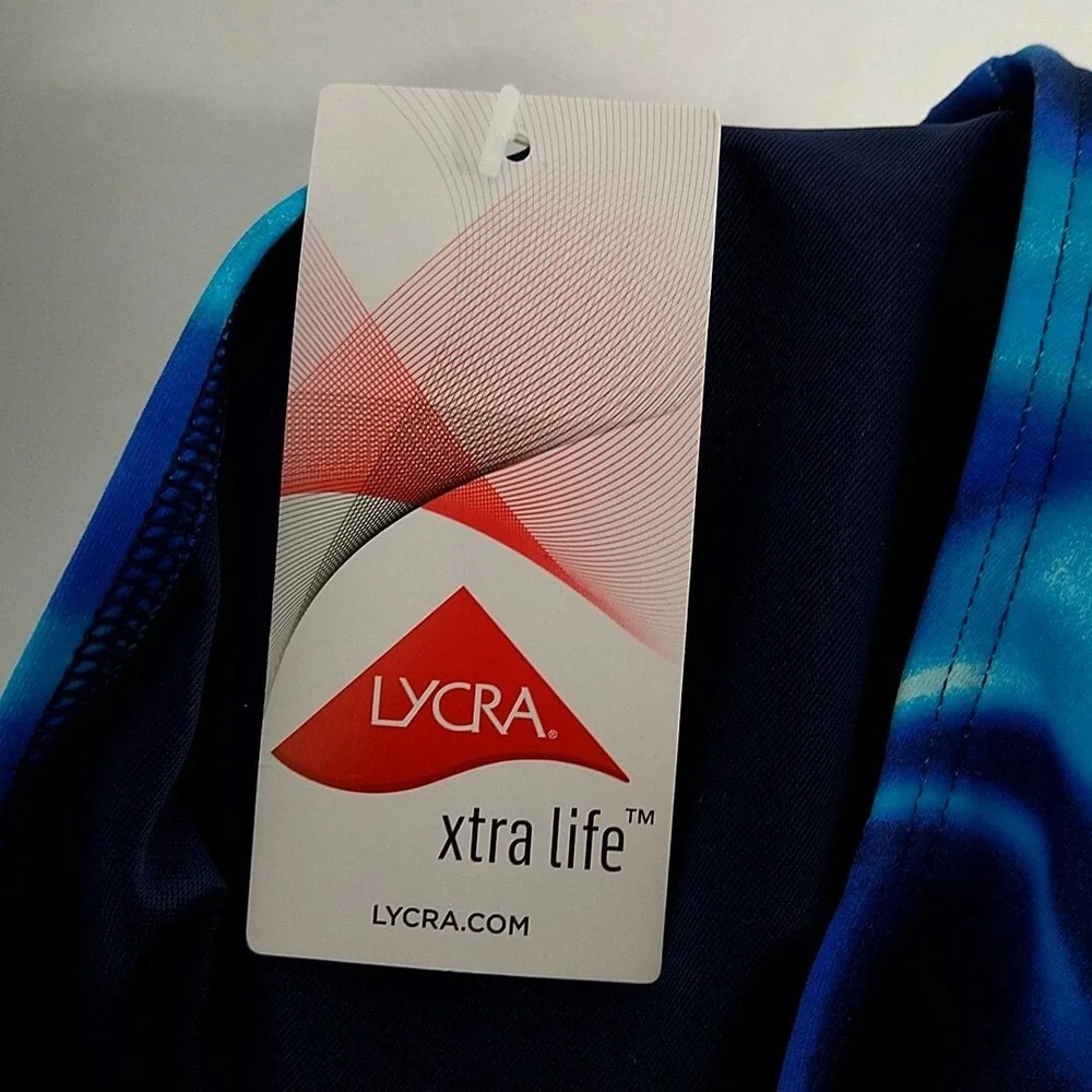 Lands End Swim Tank Top Womens 4 Blue Marble Lycra Xtra Life Sleeveless Sporty